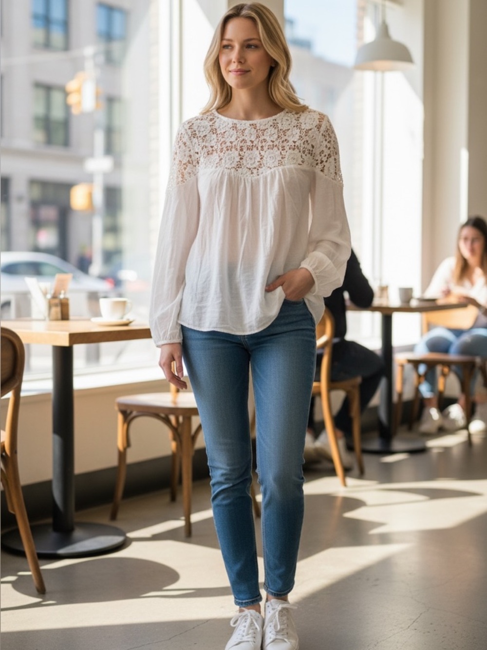 Old Navy Crochet Top Blouse Women White long Sleeve Cotton Lightweight Sz L